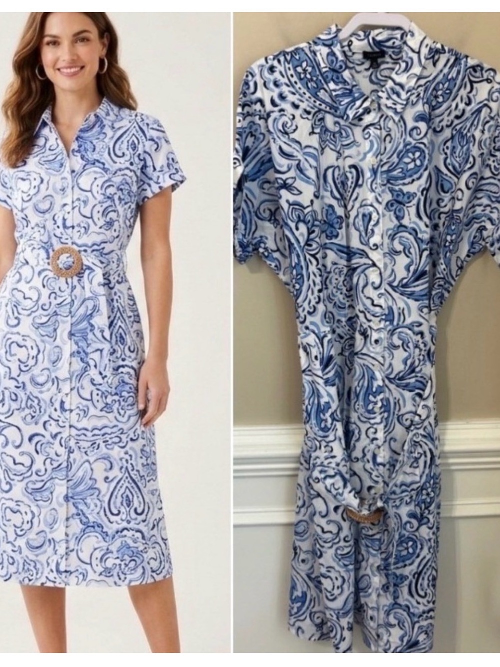 Talbots Womens Size 18 Midi Shirt Dress Butterfly Paisley Belted Blue White